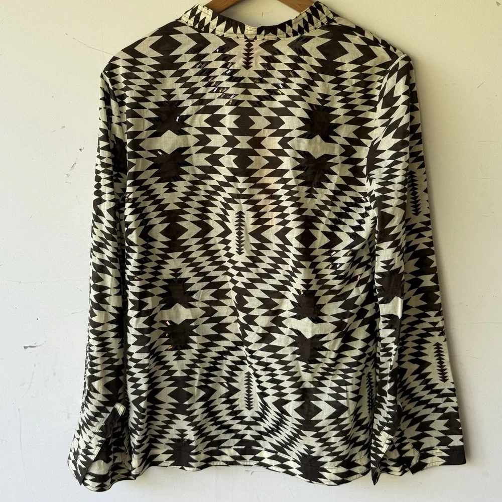 Tory Burch Printed V-Neck Embellished Tunic‎ Blouse Brown & Neutrals Size 10